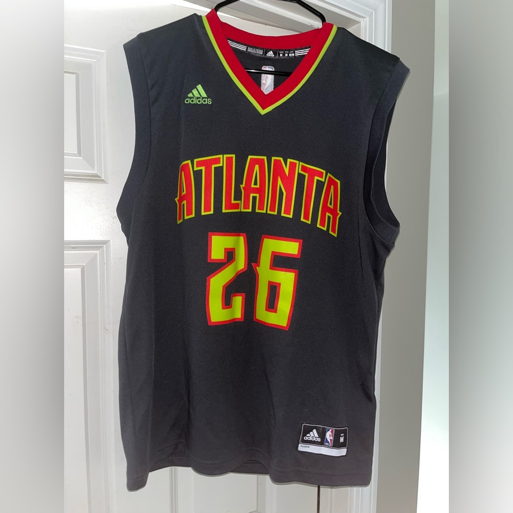 adidas Atlanta Dark Gray Basketball Jersey with Red and Yellow Accents
